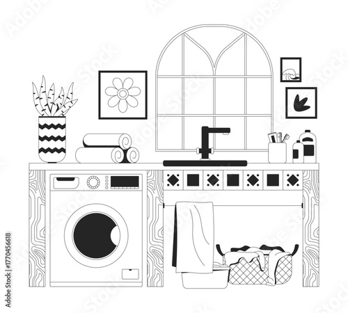 Eclectic laundry room with sink and washing machine outline illustration. Washer, faucet, arched window, tiled counter, towels 2D line scene isolated on white. Monochrome vector ink linear image