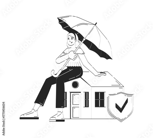 Home insurance claim doodle line illustration concept. Coverage property. House liability. Woman homeowner above house with umbrella 2D outline character isolated. Hand drawn ink metaphor monochrome