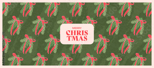 Hand drawn horizontal background of Merry Christmas and Happy New Year. Vintage concept template with gift bow, Christmas tree branch, texture. Modern design for banner, card, poster, invitation