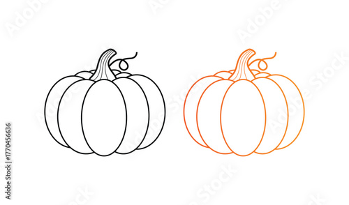 Two hand drawn pumpkins one black and white one orange outline
