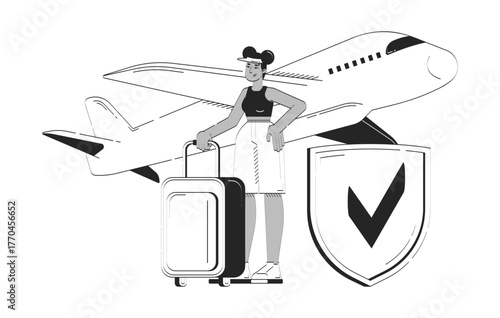Travel insurance doodle line illustration concept. Vacation trip coverage. Tourist protection. Black woman with luggage and airplane 2D outline character isolated. Hand drawn ink metaphor monochrome