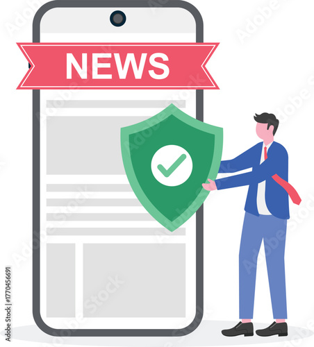 Businessman carrying checkmark icon next to newspaper illustration of quality and good news


