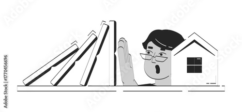 Real estate protection doodle line illustration concept. Realty coverage. Property safety. Arab man stopping falling dominoes on home 2D outline character isolated. Hand drawn ink metaphor monochrome