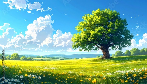 Fototapeta Naklejka Na Ścianę i Meble -  Anime-style landscape featuring a sprawling, leafy tree in a vibrant, sun-drenched meadow under a bright blue sky filled with fluffy white clouds