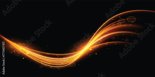 Vector Light flash with rays or gold spotlight and bokeh. Yellow glow flare light effect. Vector illustration. Isolated on dark transparent background.