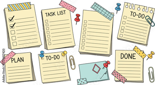 Assorted Task List Paper Notes with Washi Tape and Pins on White Background
