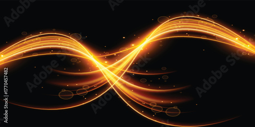 elegant Light flash with rays or gold spotlight and bokeh. Yellow glow flare light effect. Vector illustration. Isolated on dark transparent background. vector