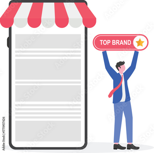 businessman beside top brand icon and store illustration of best business brand in a specific sector
