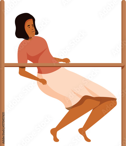 Young woman is leaning on a wooden railing, experiencing boredom and exhaustion