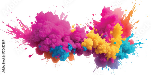 Colorful powder explosion vibrant pigment cloud abstract design element for Holi festival and creative projects isolated on white