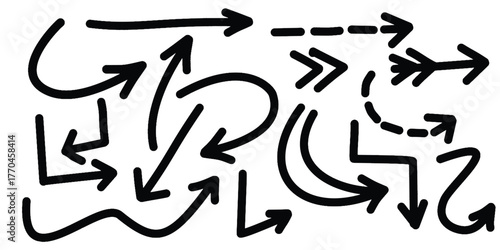 Hand drawn arrow mark icons vector, sketch arrow design for business plan and education, Collection of doodle arrows, lines, symbol, shapes on white background. Simple icon illustration for education,