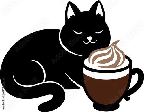 Cat sleeping beside cappuccino Silhouette , white background