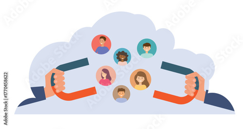 Customer attraction marketing strategy, social media audience. Businessman using giant magnets pull customers. Clients retention. Human resource recruiting candidates or talents.