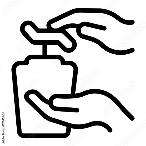 Liquid soap jar in hand line icon, body hygiene concept. Vector graphics. Hand and bottle with tap, hand washing sign on white background, style icon mobile or web design.