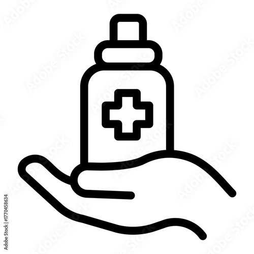 Jar of antiseptic in hand line icon, body hygiene concept. Vector graphics. Hand sanitizer, antibacterial sign on white background, style icon mobile or web design.