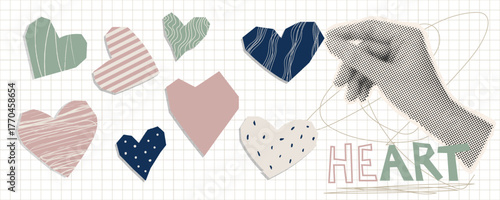 Collage of cut paper hearts. Hand-drawn scrapbook hearts torn paper edges. Vector collage of doodle-style cutout shapes, perfect for Valentine’s Day or romantic designs. Vector EPS10