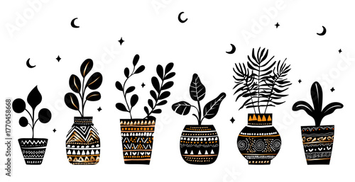 Collection of stylized art elements of African tribes jugs with flowers. Vector Elements for design drawn by hand. Set of Tribal folk art potted plants silhouette. EPS10