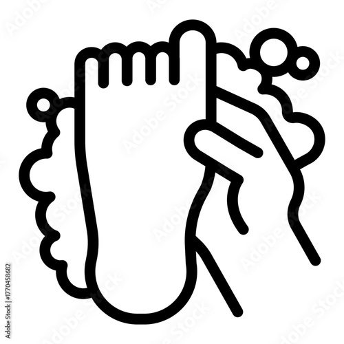 Foot with soapy foam line icon, body hygiene concept. Vector graphics. Human foot with soapy foam bubbles, body washing sign on white background, style icon mobile or web design.