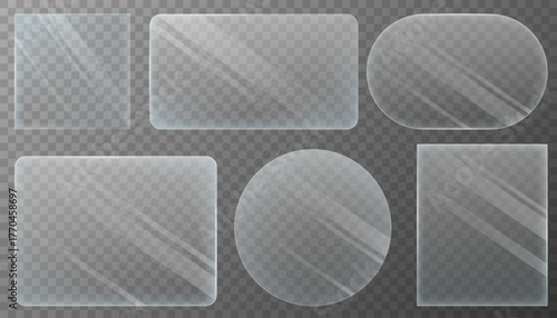 A set of transparent glass vector plates, forms, windows. Round, square, oval overlay mold for your design. Vector EPS10