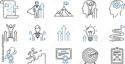 Business and Success Linear Icon Set with Arrows, Target, Idea and Certificate