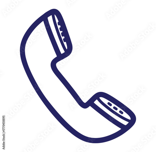 Simple blue outline illustration of a classic telephone handset isolated on white background