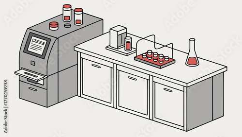 Isometric view of a laboratory setup with equipment, containers, and a counter with closed cabinets