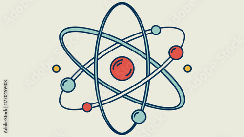 Illustration of an atom with orbiting electrons and a central nucleus in a stylized design