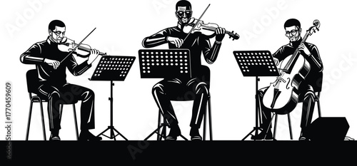 Trio of musicians playing string instruments in silhouette Keywords: musicians, orchestra, string, illustration, playing, melody, black, glasses, ensemble, classical, concert, formal, violin, performa