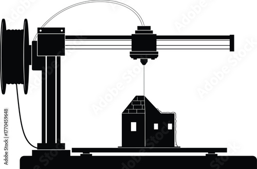 3D printer creating a house with filament spool 3D printer, 3d printer, house, building, construction, architecture, manufacturing, technology, innovation, creation, design, engineering, prototyping, 