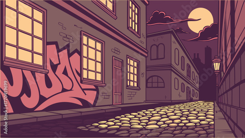 A city street at night with graffiti on buildings under a full moon and a cobblestone road visible
