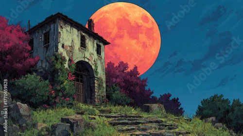 Anime background or wallpaper depicting a haunted mansion under a blood moon eerie mist creeping through broken windows
