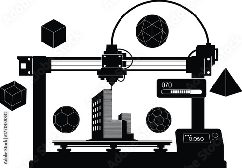 3D printer with geometric shapes and digital display, 3d printer, additive manufacturing, technology, innovation, creation, design, engineering, prototyping, model, object, geometric, shapes, cube, py