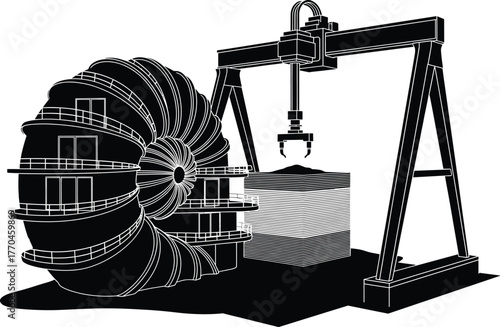3D Printing Construction of Spiral Building 3D printing, construction, building, illustration, development, residential, commercial, engineering, construction, architecture, process, description:, mod