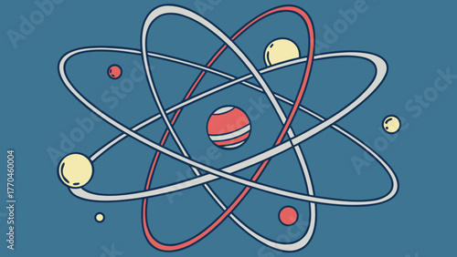 Illustration of an atom with orbiting electrons and a central nucleus on a blue background