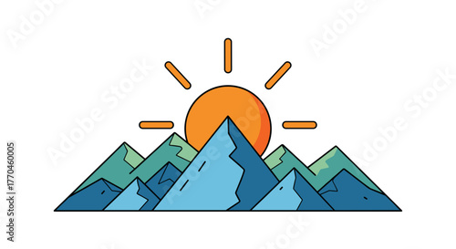 Mountain range landscape with rising sun, cartoon style vector illustration for travel and outdoor adventure