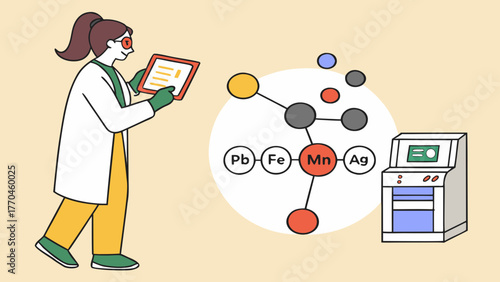 Scientist in lab coat analyzing data on tablet with molecular structure and lab equipment shown nearby