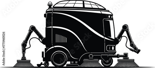 Black silhouette of a modern robotic street sweeper street sweeper, robot, automated, arms, illustration, hygiene, service, robot, grille, black, cleaning, sweeper, modern, description:, equipment, in