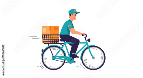 Delivery man riding bicycle delivering package fast shipping courier service vector illustration design art