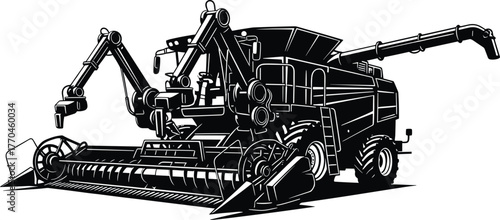 Black and white illustration of a combine harvesterm, combine harvester, agriculture, farming, machinery, vehicle, harvest, crop, field, grain, wheat, corn, tractor, industrial, equipment, technology,