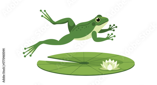Green frog jumping illustration with lily pad and flower vector art for children and education design use