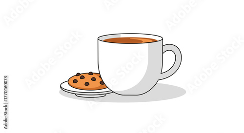 Illustration of coffee cup with chocolate chip cookie on plate for breakfast or snack time enjoyment