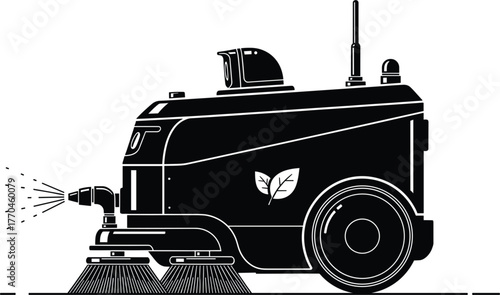Black silhouette of a street cleaning machine on white background street cleaner, illustration, hygiene, service, robot, light, black, cleaning, description:, equipment, industrial, city, machine, wit