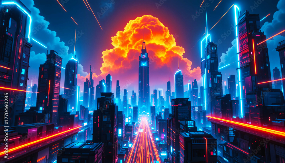 Fototapeta premium Futuristic city skyline with neon lights and fiery explosion