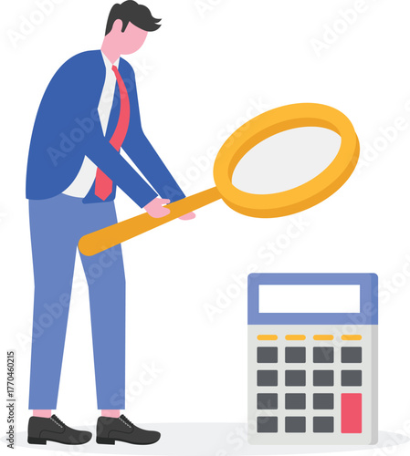 A businessman examines and researches a calculator using a magnifying glass,
