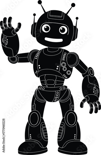 Cartoon robot waving with right hand on white background robot, waving, greeting, hand, illustration, simple, robot, bot, eye, black, description:, machine, future, with, electronic, cartoon, arm, com