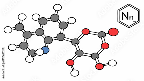 Molecular structure featuring gray white and red atoms connected by lines with a hexagon symbol