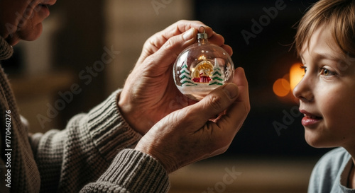 Grandfather showing a Christmas ornament to his curious grandson. Senior man and child sharing a festive holiday tradition. Intergenerational family bonding and creating memories at home