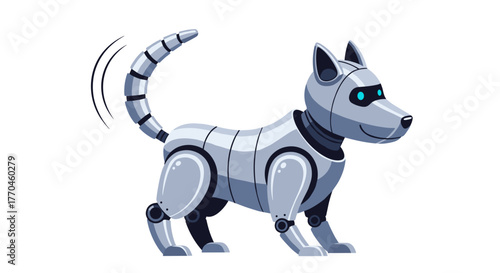 Illustration of a robotic dog pet with metallic body and wagging tail for technology concepts design