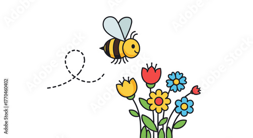 Cartoon bee flying towards colorful flowers vector illustration spring summer garden nature drawing design art