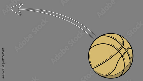 Illustration of a tan basketball with black lines and a trajectory arrow on a gray background scene